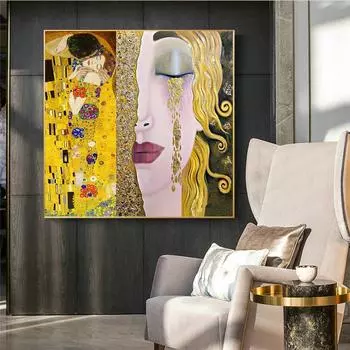 Густав Климт «Поцелуи и слезы», золотые картины на холсте на стене, художественные постеры и принты, знаменитые художественные картины Климта, домашний декор стен 20x20cm