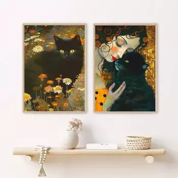 Густав Климт Сад Знаменитая Картина Холст с Черным Котом Плакат Искусство Цветочный Принт Забавный Подарок Домашний Декор Настенные Картины Плакат 21x30cm No Framed