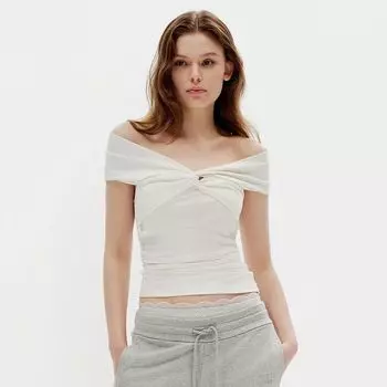 Gusty American Style Sexy Cross Ruched Stylish off-the-Shoulder Short-Sleeved T-shirt Sweet and Pure Style Low-Cut Easiest for Match Tops White M