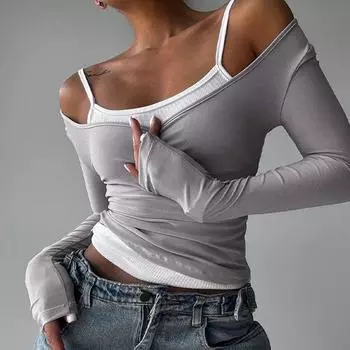 Gusty American Style Sexy Style Versatile Basic Sling + Chic Sweet and Spicy round Neck, Slim-Fit, Long-Sleeved T-shirt Tops Winter Grey L