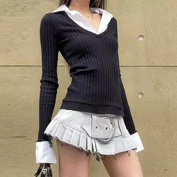 Gusty American Style Sweet and Spicy Style Polo Collar Color Contrast Patchwork Shirt Women Korean Style Sexy Black All-Matching Long Sleeve Top Black S
