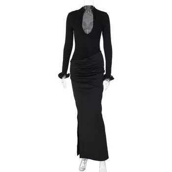 Gusty Classy Young Adult Lady like Woman Elegant Deep V Waist-Slimming Long Dress Women s New Chinese Cheongsam Dress Fashion Sexy Dress Black L