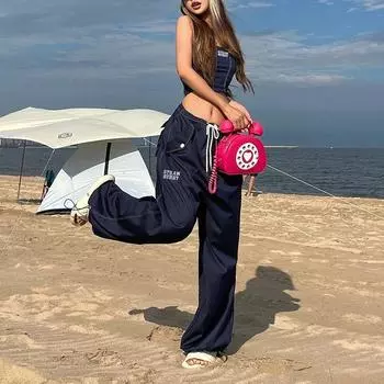 Gusty College Printed Waist-Controlled Straps Straight-Leg Pants Navy L