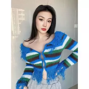 Gusty European and American Street Shot Lapel Sweater Blue S
