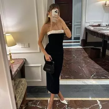 Gusty Fancy Adult Lady like Woman Hepburn Style Temperament Waist-Controlled Birthday Dress Bows French Pure Desire Dress Black L
