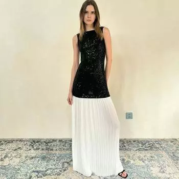 Gusty Fancy Banquet Sleeveless Sequin Patchwork Long Dress Female Elegant Socialite Contrast Color Sexy Backless Dress Black S