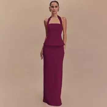 Gusty Fancy Elegant Adult Lady like Woman Simple Commute Fashion Suit Halter Spaghetti Straps Waist-Controlled Top + Split Skirt Fuchsia S