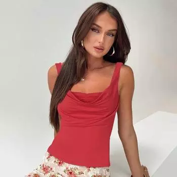 Gusty Fancy Elegant Adult Lady like Woman Swing Collar Cinched Sleeveless Tops Female Fashion Sexy Wind Work Clothing Wild Vest Red L
