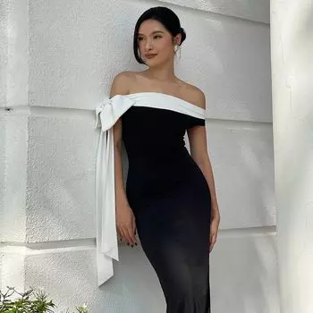 Gusty Fancy off-Shoulder Lace up Slim Fit Dress Elegant Adult Lady like Woman Overknee Dress French Hip-Wrapped Dress Black S