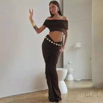 Gusty Fashion Ins Fashion Adult Lady like Woman Angola Red Suit Sexy Elegant Shoulder-Baring Tops Ruffle Hip Long Dress Coffee S