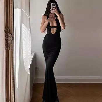 Gusty Fashion Ins Fashion Sexy Deep V Sexy Dress Overknee Dress Classy Adult Lady like Woman Style Sleeveless Dress Black S