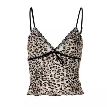 Gusty Fashion Ins Fashion Sexy Leopard Print V-neck Sling Vest Female Lace Stitching Sexy Open Back Tops Tide Leopard print L