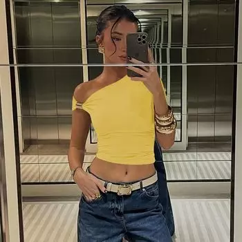 Gusty Fashion Ins Fashion Sexy Single Shoulder Metal Buckle Design Waist-Controlled Top Street Young Drag Sister Short T-shirt Yellow S