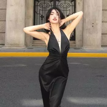 Gusty Fashion Sexy Halter Deep V Dress Temperament Banquet Fancy Little Dress Open Back Goddess Leather Skirt Autumn Black L