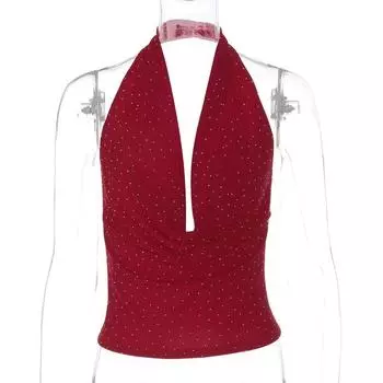 Gusty Fashion Sexy Sexy Open Back Halter Spaghetti Straps Tops Female Elegant Adult Lady like Woman Swing Collar Hot Drilling Mesh T-shirt Summer Burgundy L
