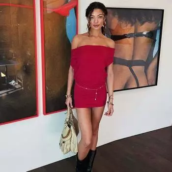 Gusty Fashion Sexy Style off-Shoulder Design Half Sleeve Draping Effect Bodycon Dress Street Shot Adult Lady like Woman Fashion Dress Burgundy S