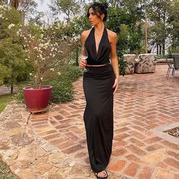 Gusty Fashion Sexy Vacation Style Swing Collar Halterneck Vest Fancy Elegant Adult Lady like Woman Open Back Tops + Long Skirt Summer Black S