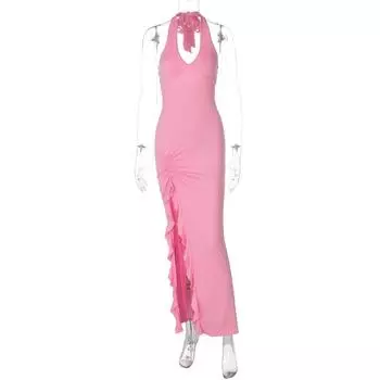Gusty Fashion Style Sexy Sexy V-neck Halter Dress Ruffles Slit Design Long Dress Adult Lady like Woman Bodycon Dress Pink M