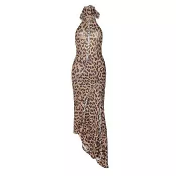 Gusty Fashion Super a Sexy Halterneck Dress Leopard Print Open Back Long Skirt Asymmetrical Design Drag Sister A- line Skirt Fashion Brown XS