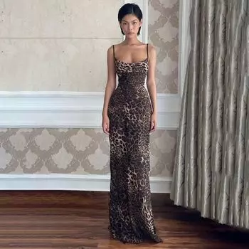 Gusty Fashion Взрослая Леди как Женщина Леопардовый Принт Расклешенная Юбка на Подтяжках Сетка Швабра Длинная Юбка Женская Мода Сексуальное Праздничное Платье Leopard print M