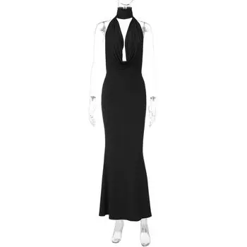 Gusty French Fancy Elegant Adult Lady like Woman Swing Collar Halterneck Dress Fashion Ins Sexy Open Back Formal Dress Black M