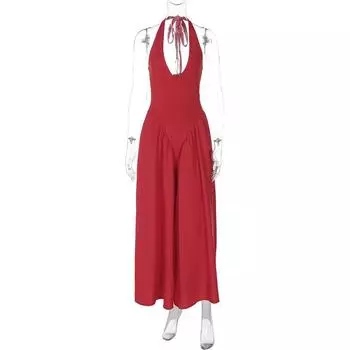 Gusty French Hepburn Style Deep V Halterneck A- line Dress Female 2024 Summer Vacation Waist-Tight Retro Swing Long Dress Red L