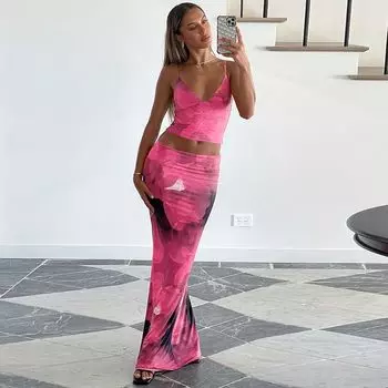 Gusty French Island Vacation Style Florals Sling Open Back Tops + Fishtail Skirt Fashion Wind Sexy Suit Pink S