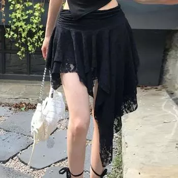 Gusty French Pure Desire Sexy Asymmetrical Design Lace Skirt Y2g Millennium Waste Soil Style Fashionable Short Skirt Black M