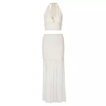 Gusty French Pure Desire Sexy Island Vacation Style Suit Sexy Low Cut Halter Spaghetti Straps Tops + Package Hip Skirt Apricot S