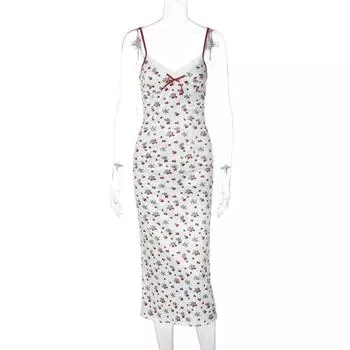 Gusty French Pure Desire Sexy Retro Cherry Print Satin Sling Dress Sweet and Spicy Chic Girl s Long Dress White M