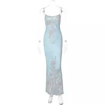 Gusty French Romantic Print Sheath Suspender Dress Long Skirt for Women 2025 Summer Bohemia Holiday Dress Blue L