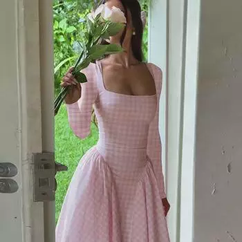 Gusty French Romantic Sweet Chic Gingham Square Collar Dress Pure Desire Sexy Big Skirt Date Tea Dress Pink S