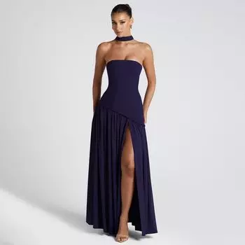 Gusty French Socialite Temperament Waist-Controlled Tube Top Long Dress Fancy Oruo Style Young Adult Lady like Woman Split Dress Dark blue M
