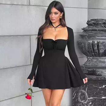 Gusty French Style Fancy Sexy Low-Cut Cinched A- line Little Black Dress Square Collar Sweet and Spicy Style Elegant Slim Looking Dress Black M