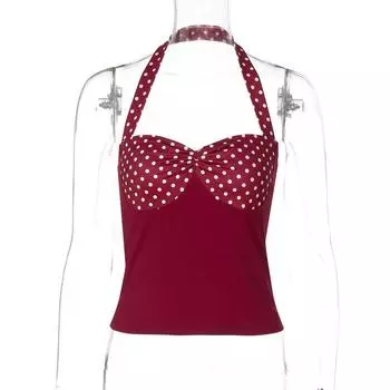 Gusty French Style Pure Desire Sexy Polka Dot Print Halter Spaghetti Straps Vest Retro Hong Kong Style Wine Red White Tops Burgundy S