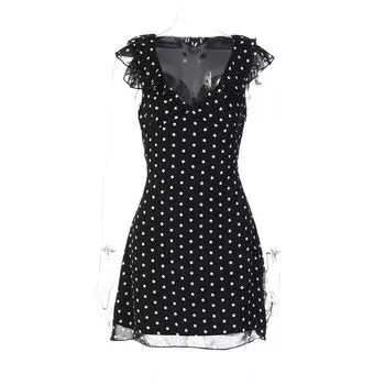 Gusty French Style Retro Sexy Style Dot Sexy V Neck Chiffon Waist-Tight Dress Pure Desire Sexy Versatile Skirt Black S