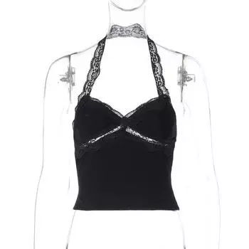 Gusty French Style Street Pure Desire Style Lace Halter Spaghetti Straps Vest Female Fashion Ins Sexy V Neck Open Back Tops Black S