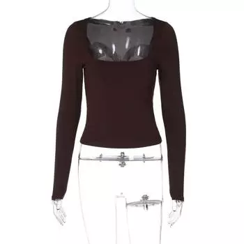 Gusty Height JGG Adult Lady like Woman Pure Color All-Matching Commuter Long Sleeve T-shirt Female 2025 Fall Sexy Shoulder Slim Looking Tops Coffee S