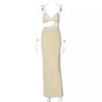 Gusty High Class Elegant Adult Lady like Woman Side Waist Cutout Sling Long Dress Pure Desire Sexy Sexy Gauzy Gown Dress Light yellow M