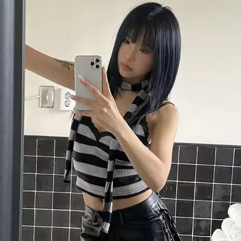 Gusty K-style Sexy Wind Stripes Lace Lace Camisole Street Sweet and Spicy Chic Halterneck Streamer Tops Grey L