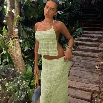 Gusty Pure Desire Sexy Island Vacation Style Halter Spaghetti Straps Tops + over-the-Knee Chiffon Lace Dress Summer Suit Yellowish Green M