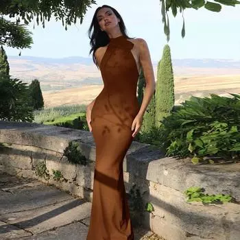 Gusty Pure Desire Sexy Vacation Style Halterneck Suspender Skirt Sexy Open Back Long Skirt Graceful European and American Adult Lady like Woman Dress Brown S