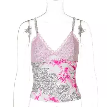 Gusty Pure Desire Sexy Wind Lace V-neck Sling Vest American Sweet and Spicy Young Adult Leopard-Print Slim-Fit Short T-shirt Tops Pink S