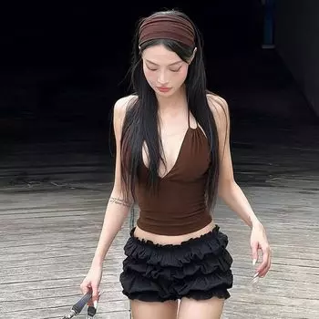 Gusty Pure Desire Y2g Sexy V Neck Halter Spaghetti Straps Hot Vest Early Autumn Sweet and Spicy Chic Girl Versatile Tops Brown S