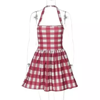 Gusty Retro Hong Kong Style Sexy White Red Plaid Halterneck Suspender Skirt Sweet Spicy Chic Young Adult Waist-Tight Dress Red S
