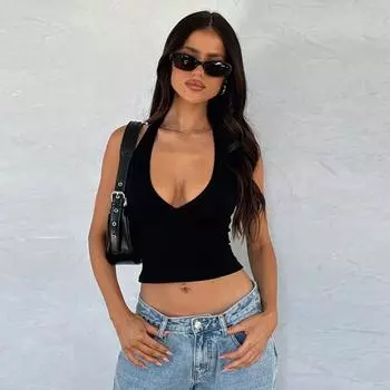 Gusty Retro Summer Deep V-neck Low Cut Short Top Halterneck Black S