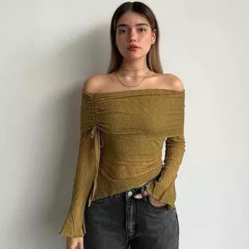 Gusty Spring/Summer Sweet and Spicy Young Adult off-Shoulder Irregular Top French Fancy Slightly Transparent Sexy Base Shirt Women Army Green L