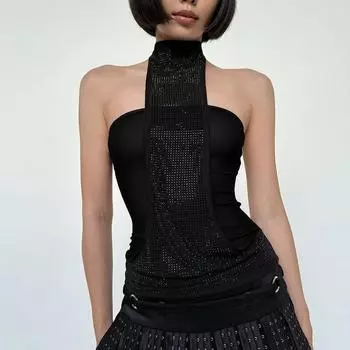 Gusty Street American Style Sexy Rhinestone Halter Spaghetti Straps Vest Female Retro Y2g Millennium Style Sexy Open Back Tops Black M