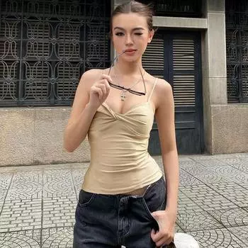 Gusty Street American Style Sexy Style Twist Design Niche Style Camisole Adult Lady like Woman Sweet and Spicy Chic Easiest for Match Tops Khaki S