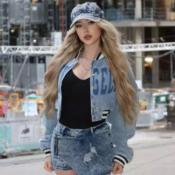 Gusty Street Fashion Cool Drag Sister Letters Denim Outwear American Sexy Ins Fashion Short Loose Baseball Uniform Spring Blue M
